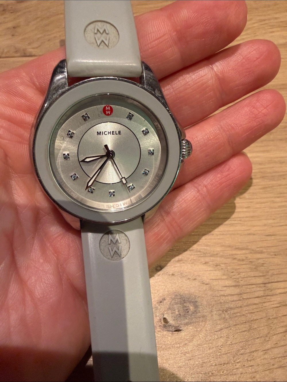Michele Silver Dial Watch with Light Gray Silicone Strap
